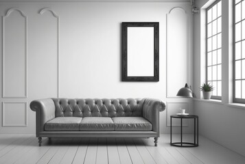 Modern living room interior with blank canvas or wall decor with frame in center for product presentation background. generative ai