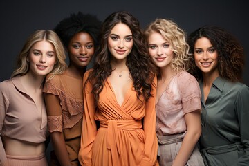 Fototapeta premium Portrait diversity beauty women with skincare smile and happy models, different and empowerment with motivation against studio background