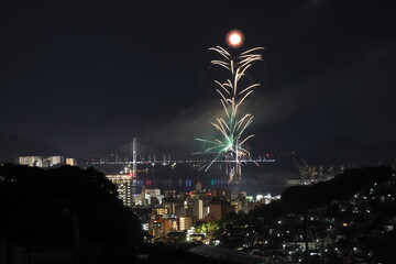 長崎の夜景と女神大橋と花火