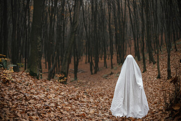 Happy Halloween! Spooky ghost standing in moody dark autumn forest. Person dressed in white sheet...