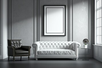 Modern living room interior with blank canvas or wall decor with frame in center for product presentation background. generative ai