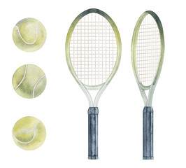 Sports equipment set, racquet for tennis, tennis ball. Watercolor illustration on a white isolated background. Athletic lifestyle, sport design. Clipart
