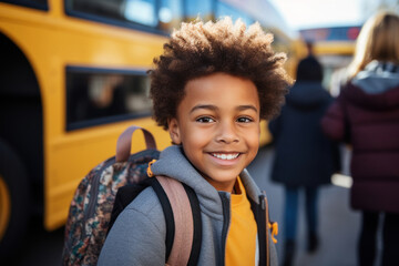 Portrait of smiling happy multi-ethnic elementary school boy with backpack on his back in the background of the school bus. Autumn. The boy wearing a warmer autumn jacket. Fictional person. Ai