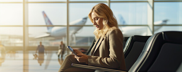 Woman passenger waiting for flight on air port station. Airport Terminal. Girl using a smartphone on airport and wait for Boarding.  wide banner
