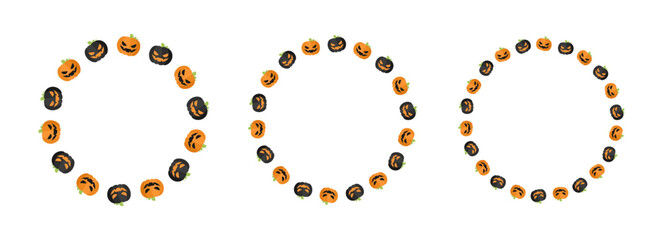 Round Jack O Lantern Halloween Frame Border Set. Social Media Post Card Template Vector Illustration.