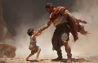 the biblical story of young David slaying the giant Goliath with a sling and a stone Generative AI