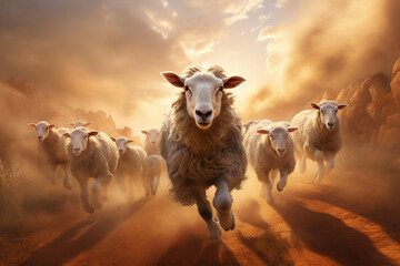 lambs faithfully following Jesus, signifying the guidance and leadership He provides to His followers Generative AI