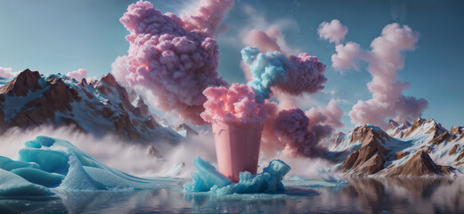 Giant Milkshake in Mountainous Landscape. Fantasy landscape with pink explosion. 3d illustration