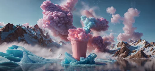 Papier Peint photo Lavende Giant Milkshake in Mountainous Landscape. Fantasy landscape with pink explosion. 3d illustration