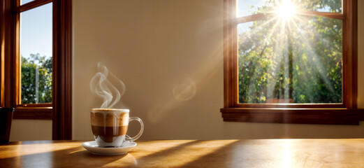 Coffee Cup on Wooden Table with Sunlit Window. Morning Coffee with Nature View