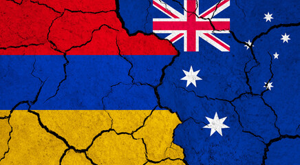 Flags of Armenia and Australia on cracked surface - politics, relationship concept