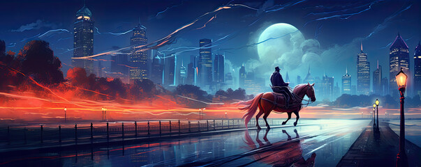 Riding on a horse night city, futuristic drive concept.