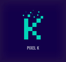 Creative pixel letter K logo. Unique digital pixel art and pixel explosion template. vector
