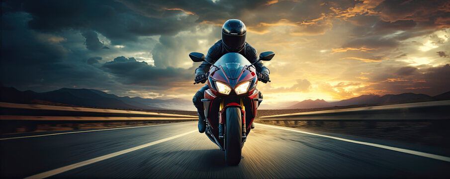 Driver riding motocycle on empty road in sunset light.  Panorama photo.