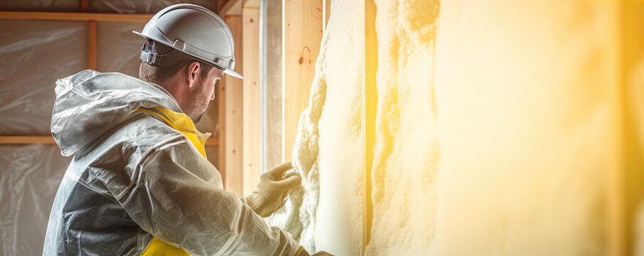 Construction worker installing house wall insulation in new home.