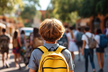 A school-aged boy dressed in his favorite t-shirt wanders toward the school bus. Warm sunny day. Back to school. Fictional person. Generated Ai