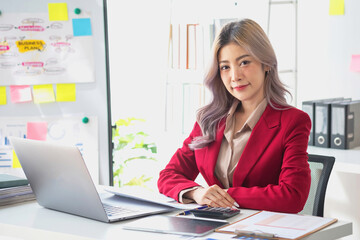 planning, auditing, business planning, finance, young asian business woman working on computer and...