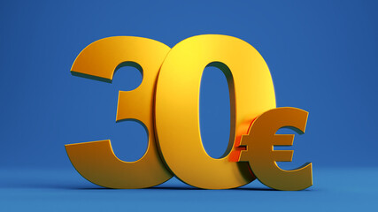 3D render of gold thirty euro on colored blue background, europe money