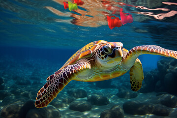 Obraz premium A turtle flossing in the sea