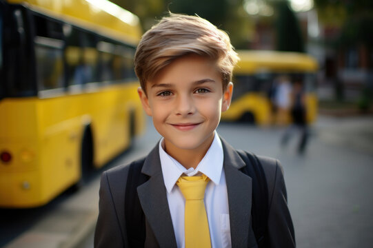 Portrait of a smiling happy caucasian elementary school boy dressed in a formal school uniform with a backpack on his back. Inauguration of the school year. Fictional person. Generated Ai
