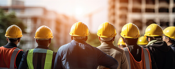 Team workers in industry, warehouse Workshop for factory operators wide banner. panorama photo