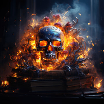 Human skull, halloween, dark magic book, magic stems from powers deep, day of the Dead, enclosed and safe we have to keep, Created with Generative AI Technology.
