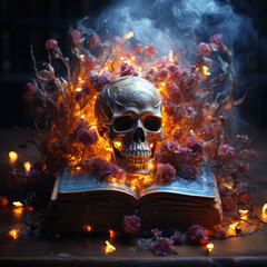 Human skull, halloween, dark magic book, magic stems from powers deep, day of the Dead, enclosed and safe we have to keep, Created with Generative AI Technology.
