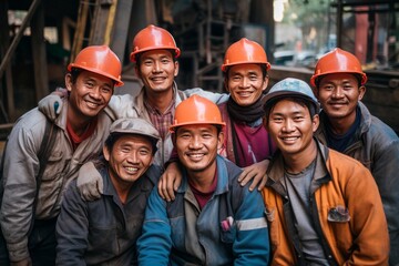Smiling laborers at construction site. Happy workers