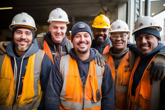 Smiling laborers at construction site. Happy workers