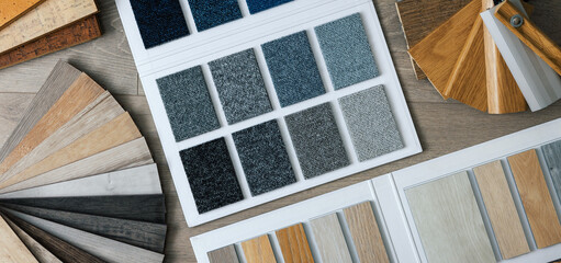 flooring material and skirting samples. carpet, laminate, vinyl. top view