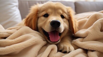 Golden retriever puppy wrapped in beige warm blanket. Pet warms under a blanket in cold winter weather. Pets friendly and care concept. AI photography.