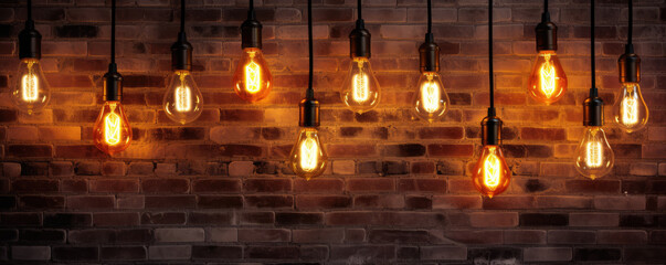 Antique light bulbs on brick background.