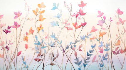 Wildflowers field, floral with vivid colorful flowers, watercolor horizontal. Botanical AI illustration. Landscape, background. Paint design for natural wallpaper.