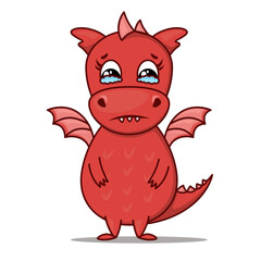 Dragon cartoon character. Cute red dragon holding back tears. Sticker emoticon with sadness emoticon. Vector illustration on white background
