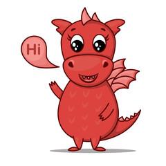 Dragon cartoon character. Cute red dragon waving hand and say 