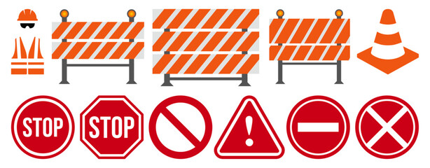 Set of construction work safety signs concept isolated on transparent background.