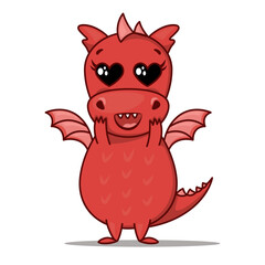 Dragon cartoon character. Cute red dragon with heart eyes. Sticker emoticon with in love, infatuation, adoration emotion. Vector illustration on white background
