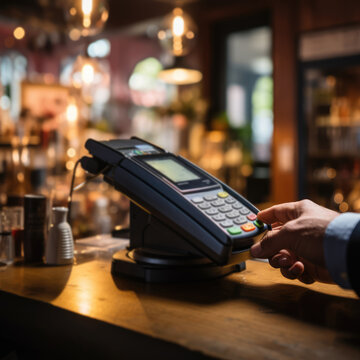 Close up of a cashier using a credit card reader in a cafe. created with generative AI technology.