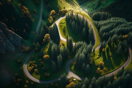 drone view of winding road surrounded by lush green trees in forest. generative AI