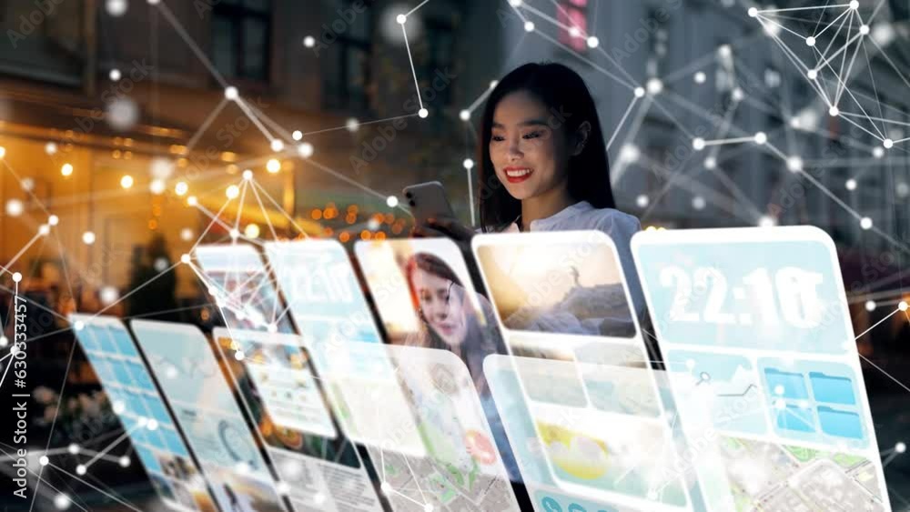 Wall mural incredibly beautiful asian woman using an augmented reality phone to communicates via videocall, bro