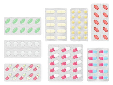 Set of pills in different blister pack isolated on white