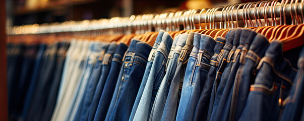 Denim trausers hanging on rack wide banner.