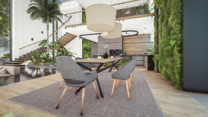 3d rendering of expensive cozy interior with green walls with living dining zone stair and kitchen for sale or rent. Spacious apartments with expensive furniture, equipment and flowers