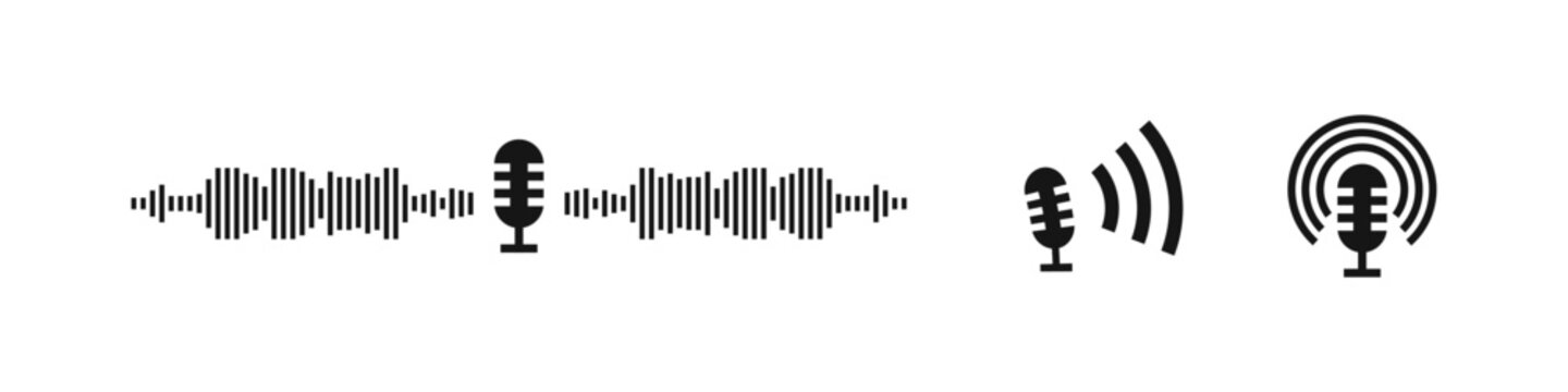 Podcast vector illustration. Livestream sound with microphone flat black illustration.
