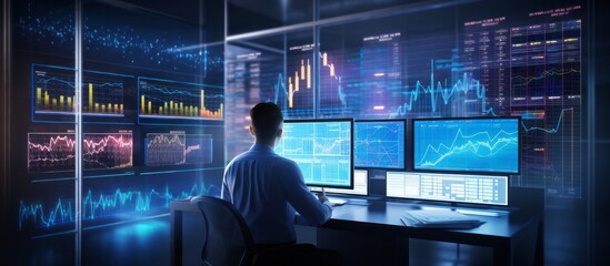 data analysis digital emgineer data code programer sourcing data code computer script working with monitor screen and digital display screen futuristic strategy business global,ai generate