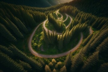 drone view of winding road surrounded by lush green trees in forest. generative AI