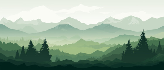 Beautiful mountain landscape. Landscape with green silhouettes of mountains, hills and forests and clouds in the sky. Vector illustration.