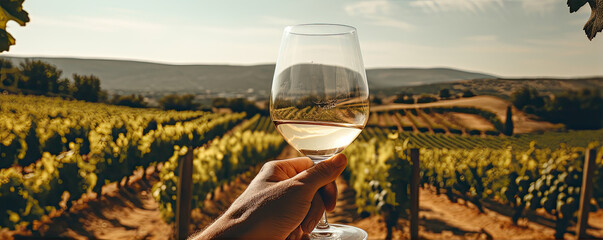 Vine glass in hand in sunset light. Vine degustation or tasting quality grapes in vineyard. - Powered by Adobe