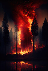 Generative AI illustration of a flames burning in the forest at night in summertime