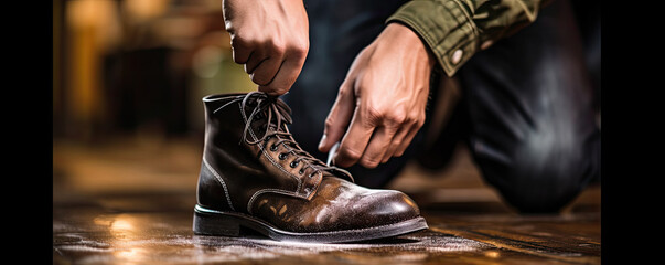 Fototapeta na wymiar Man polishing or cleaning leather shoe